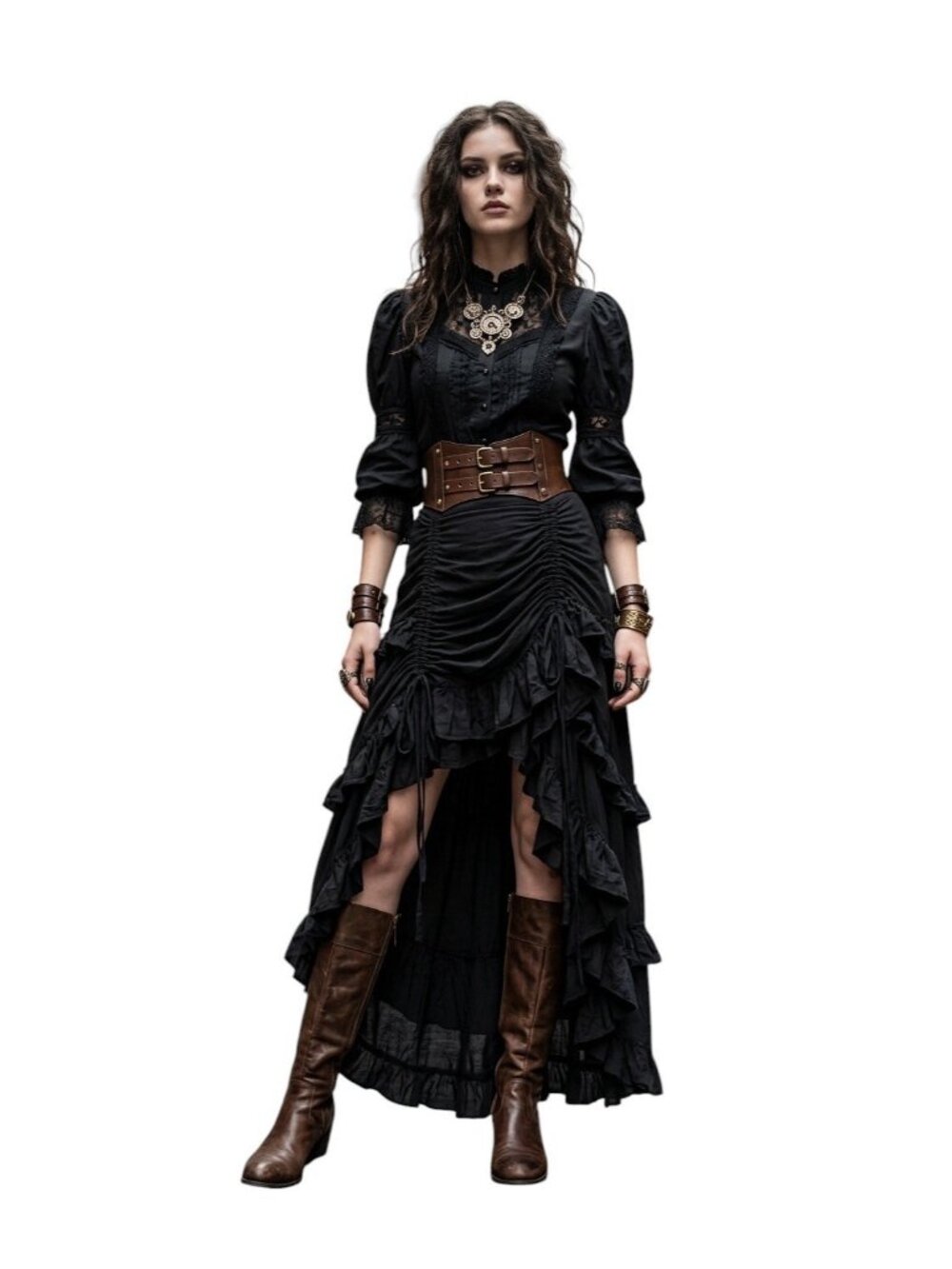 The Pirate Dressing Steampunk High Low Skirt Black Rayon Ruffle Cosplay S
